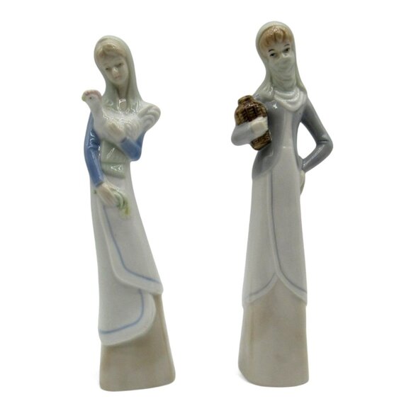 Vintage Ceramic Figurines of Women Holding a Basket and Chicken Pastel Tones - Picture 3 of 10